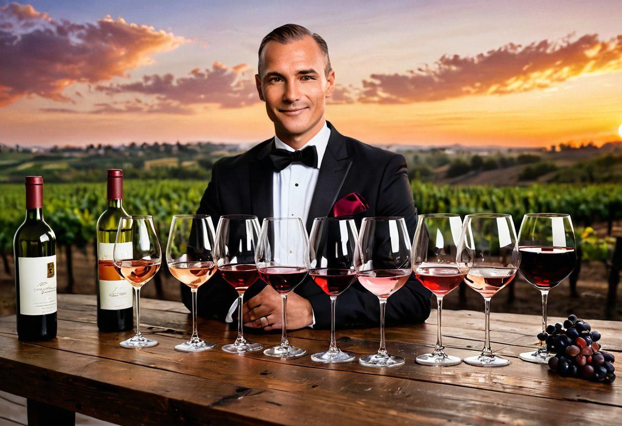 An elegant sommelier holding a crystal wine glass, surrounded by a diverse selection of wine bottles arranged on a polished wooden table. Emphasize rich textures of red, white, and rosé wines, with swirling aromas depicted as colorful wisps of steam. Detail the intricate labels of the bottles showcasing their origins. Background hints of a vineyard under a golden sunset, creating an inviting atmosphere. super-realistic. vibrant colors. warm lighting.