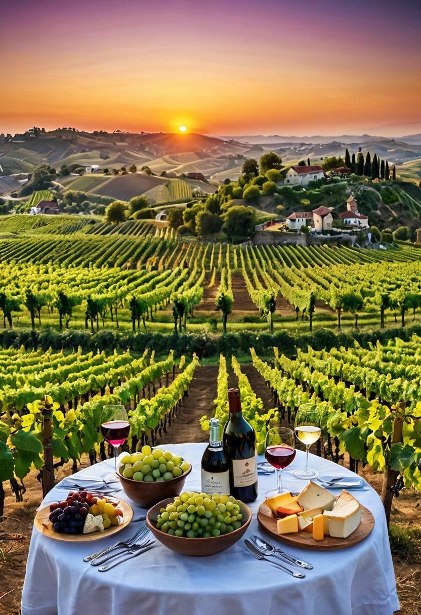 A panoramic view of lush vineyards in various wine regions, featuring diverse grape varieties and beautiful landscapes. Include a table set with wine glasses, cheese, and local delicacies, with groups of people engaged in tasting. Emphasize cultural elements like traditional attire or iconic architecture in the background. Capture the vibrant colors of nature at sunset for a warm atmosphere. super-realistic. vibrant colors. 3D.