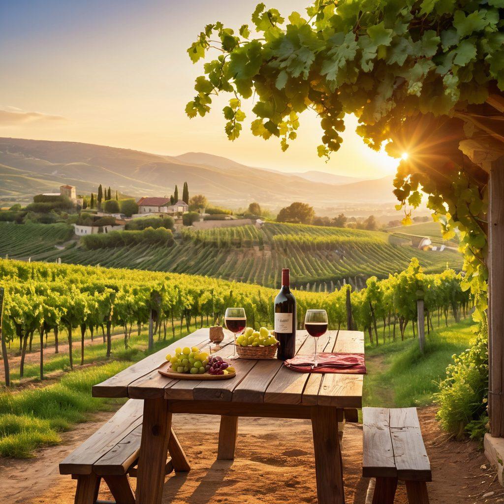 A picturesque vineyard landscape at sunset, with lush green grapevines and clusters of ripe grapes dangling from the trellises. In the foreground, a rustic wooden table with a bottle of red wine and two glasses, reflecting the warm golden light. A winding path leading to a cozy wine cellar in the distance, surrounded by rolling hills. super-realistic. vibrant colors. warm glow.